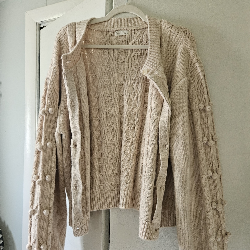 Rylee + Cru Cream Cardigan with Button And Pom Pom Accents